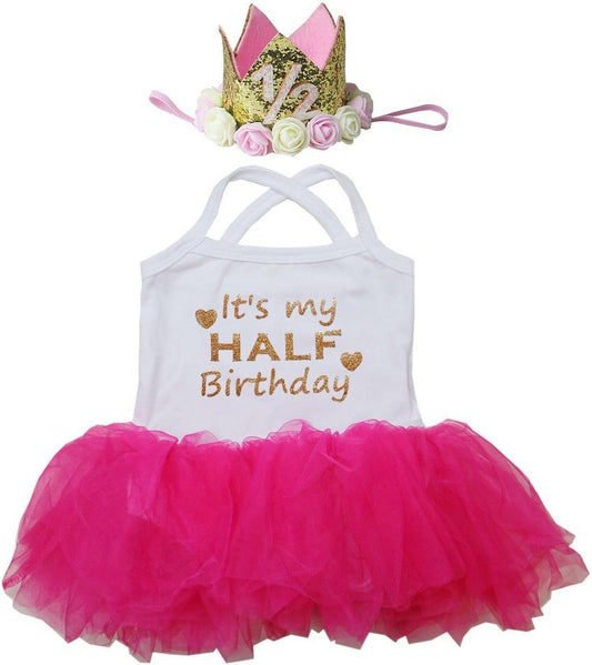 Baby Half Birthday Tulle Tutu Bodysuit Dress Outfit Romper & 1/2 Gold Crown Headband