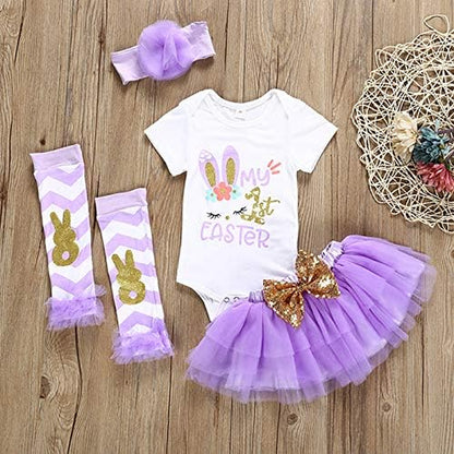 Baby Girl Easter Clothes My 1St Easter Outfits Baby Girl Rabbit Bodysuit Polka Dot Tutu Skirt Bunny Headband Leg Warmers